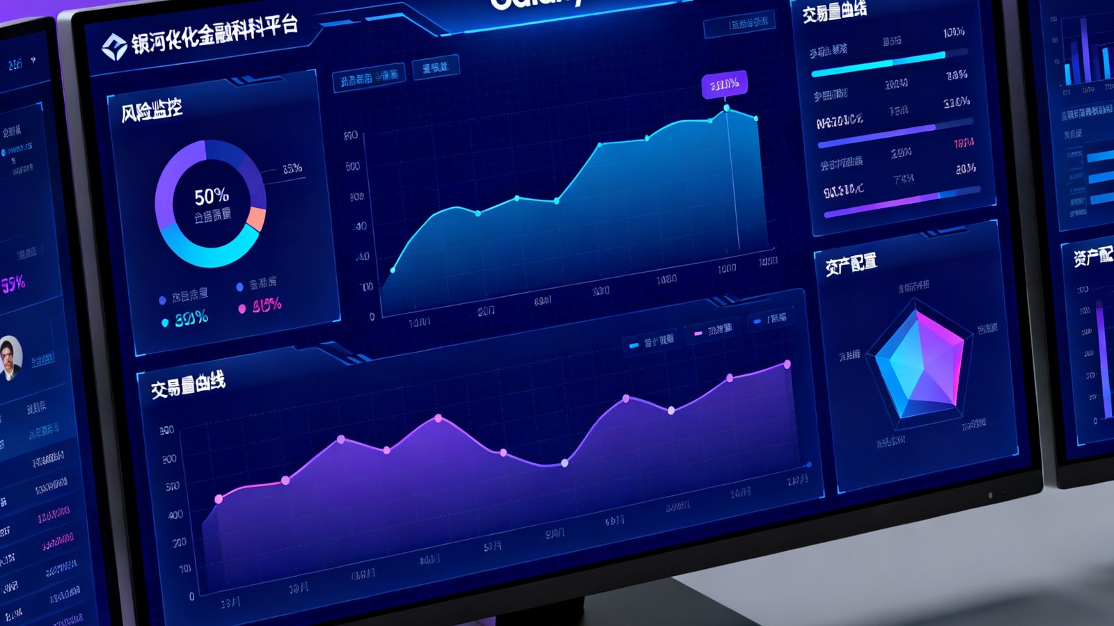 银河集团数字化金融科技平台Galaxy智融的操作界面截图，大尺寸数据面板实时显示风险监控指标、交易量曲线和资产配置热力图