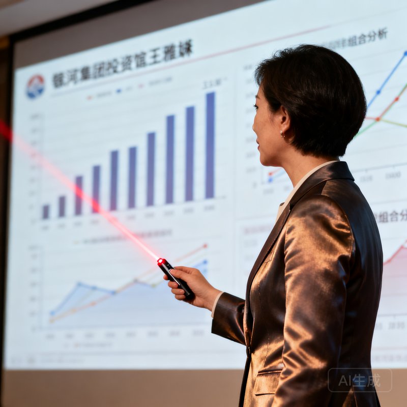 银河集团首席投资官王雅琳女士在行业论坛上发表演讲的侧身照，她手持激光笔指向大屏幕上的投资组合分析图表